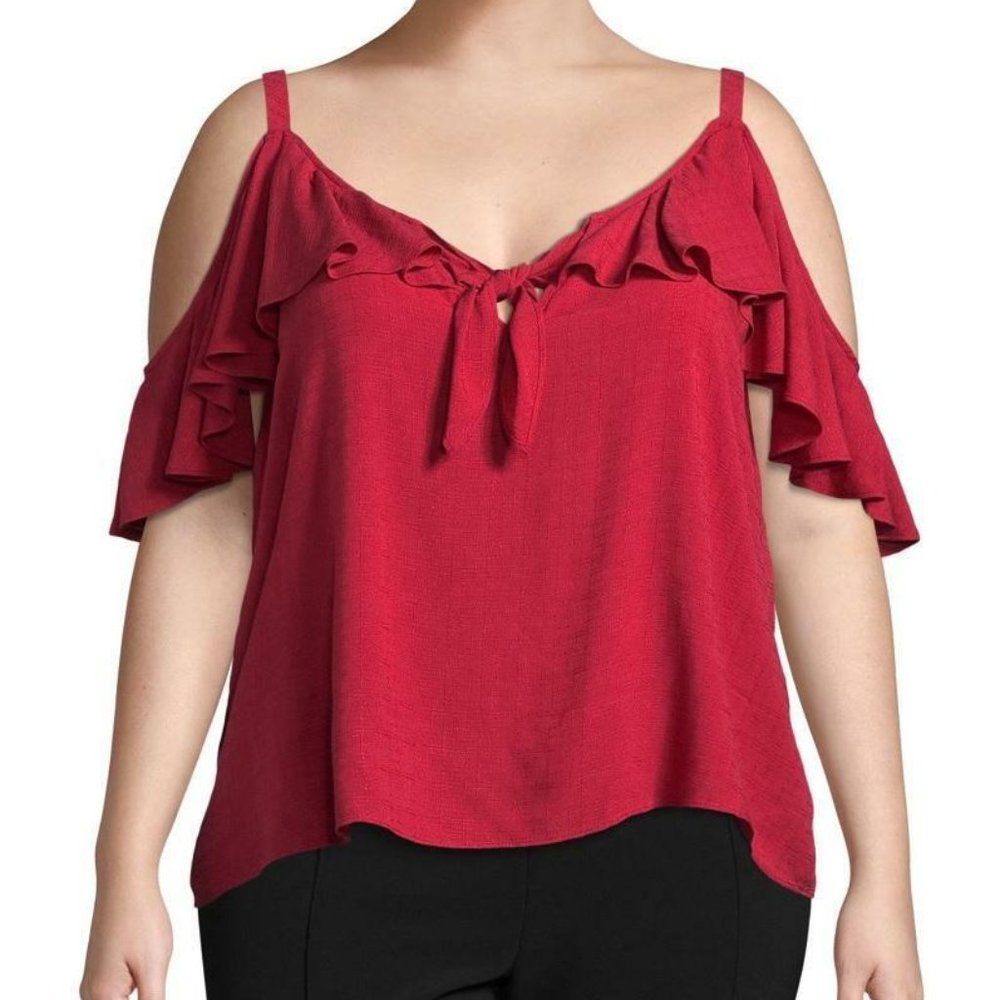 NWT Bold Elements Red Tie Front Ruffle Shoulder